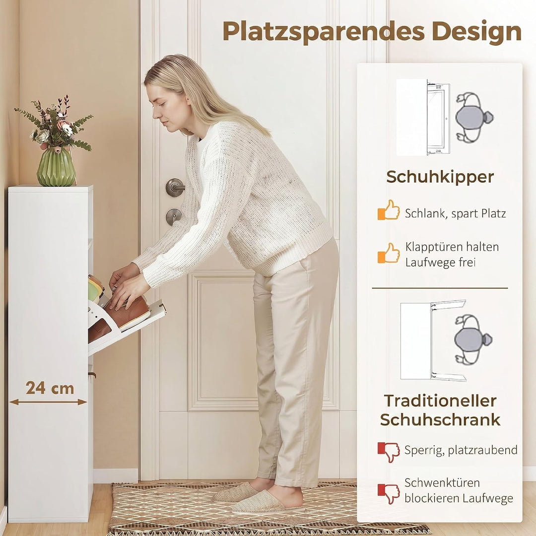 HOMCOM Schuhschrank mit 2 Klappen 2 Türen für 12-16 Paar 80x24x102,5cm Weiss | Schmal Schuhkipper, A