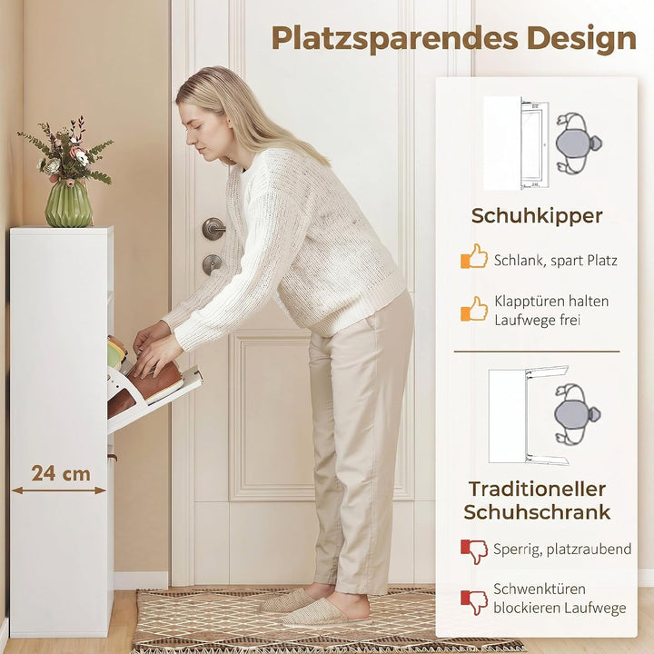 HOMCOM Schuhschrank mit 2 Klappen 2 Türen für 12-16 Paar 80x24x102,5cm Weiss | Schmal Schuhkipper, A
