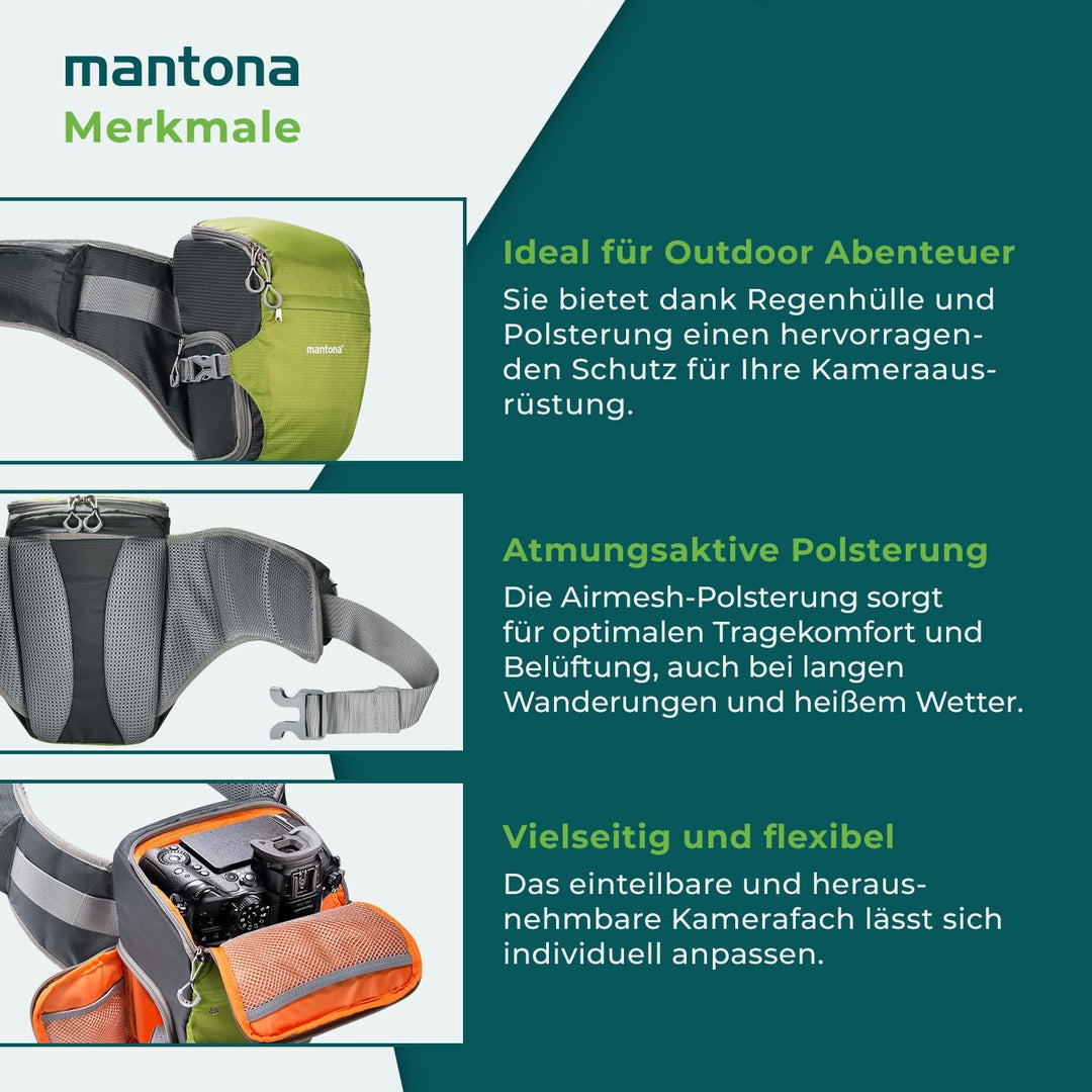 Mantona elementsPro 10 grün - Kameratasche für Outdoor Fotografen mit Hüftgurt, atmungsaktiver Polst