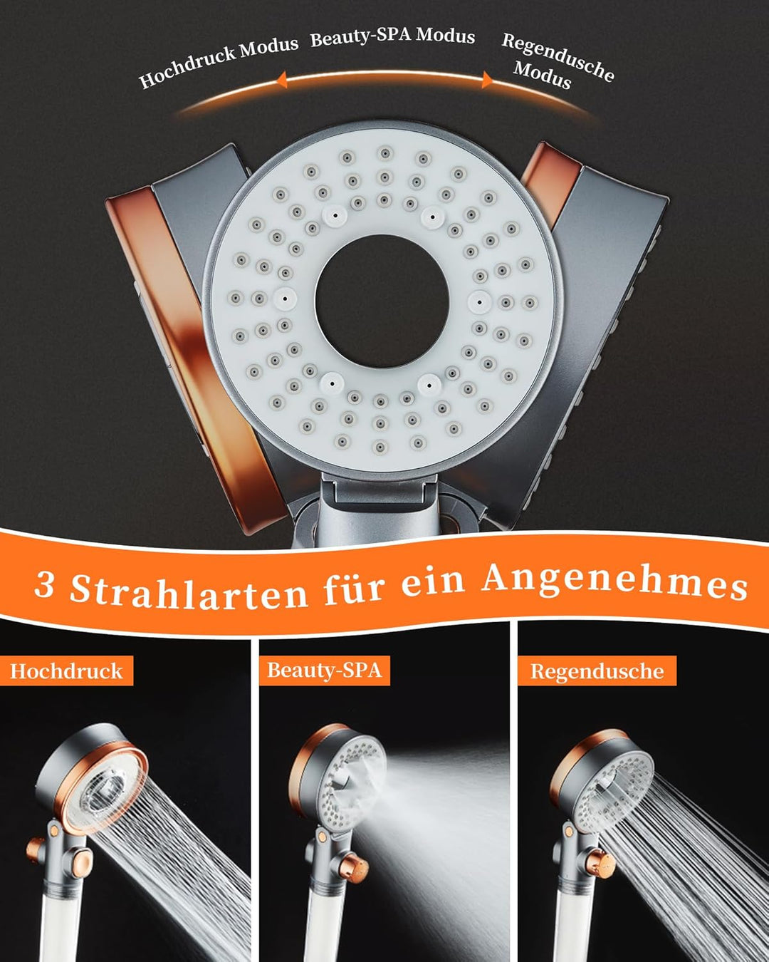Sparduschkopf Wassersparend mit 3 Strahlarten, Druckerhöhend Handbrause mit Filter Gegen Kalk, Regen