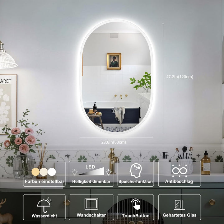 Spiegel mit Beleuchtung Oval LED Badspiegel 120x60 cm mit Touch-Schalter,3 Lichtfarbe Einstellbare,B