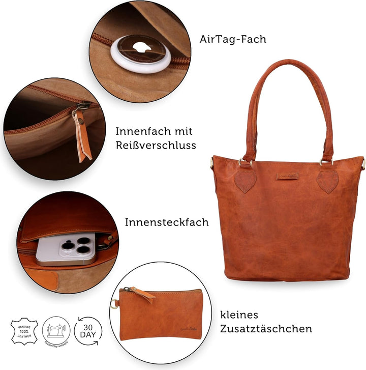 Gusti Handtasche Leder- Therese Damen Handtasche Umhängetasche Shopper Ledertasche Braun Leder