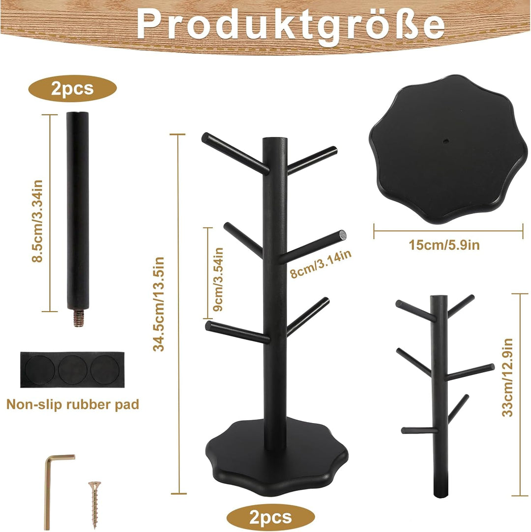 2 Stück Tassenhalter Stehend Holz Brezelständer Baum Tassenregal Schwarz Tassenständer Kaffeetassens