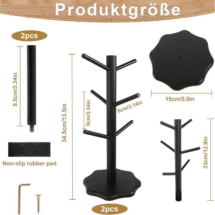 2 Stück Tassenhalter Stehend Holz Brezelständer Baum Tassenregal Schwarz Tassenständer Kaffeetassens