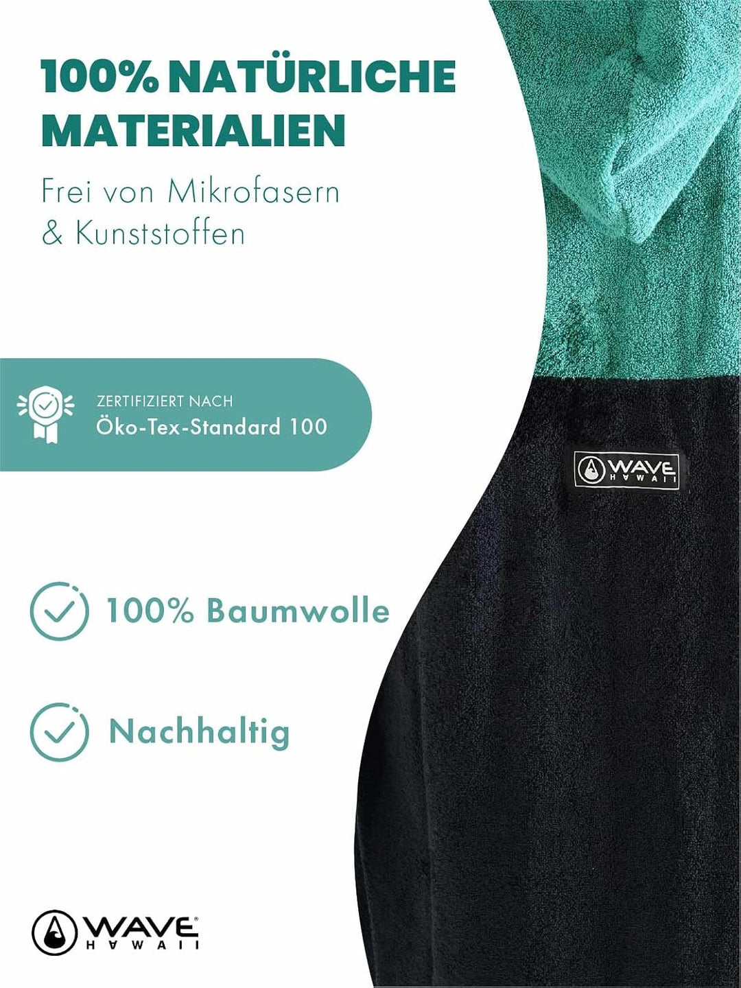 WAVE HAWAII Poncho Aveiro Surfponcho 100% Baumwolle für Körpergrössen von 170-200 cm Umkleidehilfe f