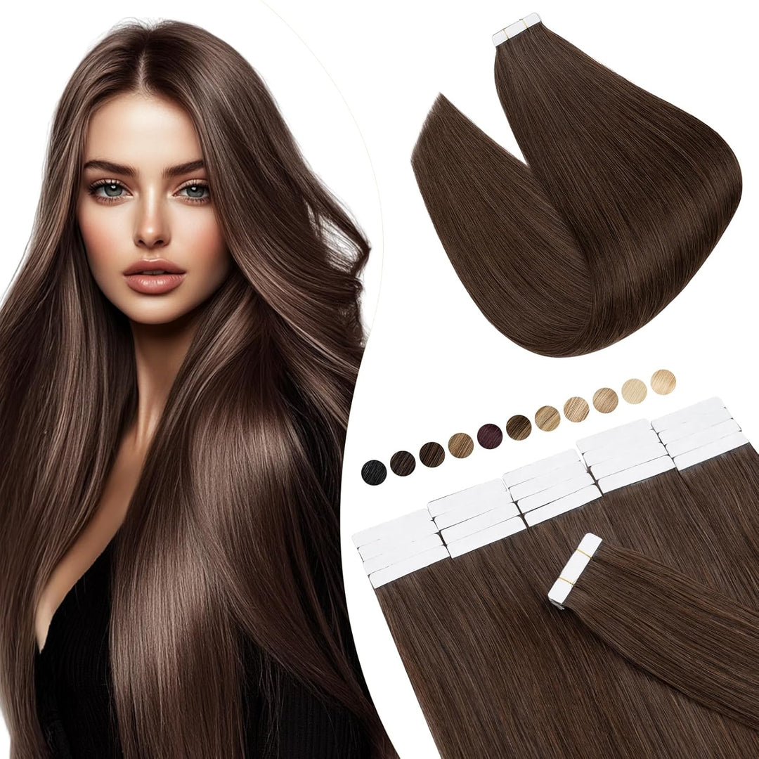 Elailite Echthaar Extensions Tape Braun, 20 stück Mini Tape Invisible Kleber, 50cm Haarverlängerung