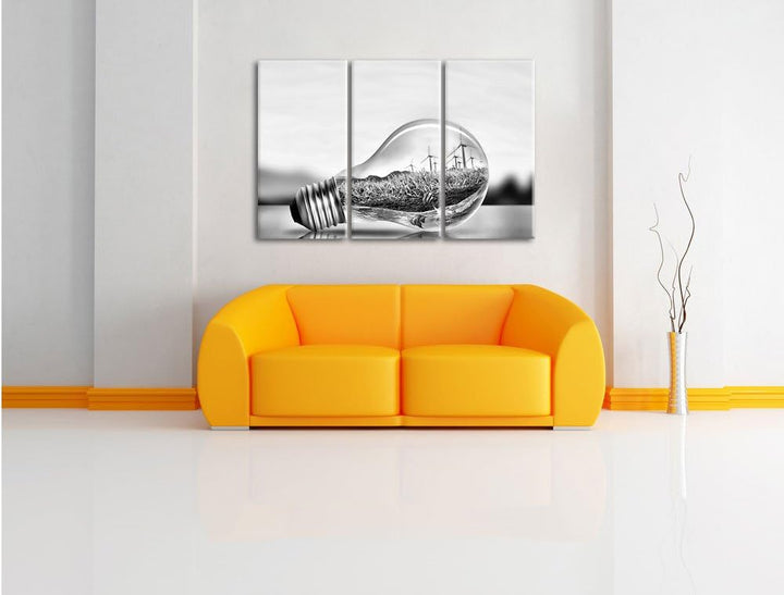 Pixxprint Glühbirne mit Ozean und Leuchtturm als Leinwandbild/Grösse: 3 Teilig (120x80) cm/Wandbild/