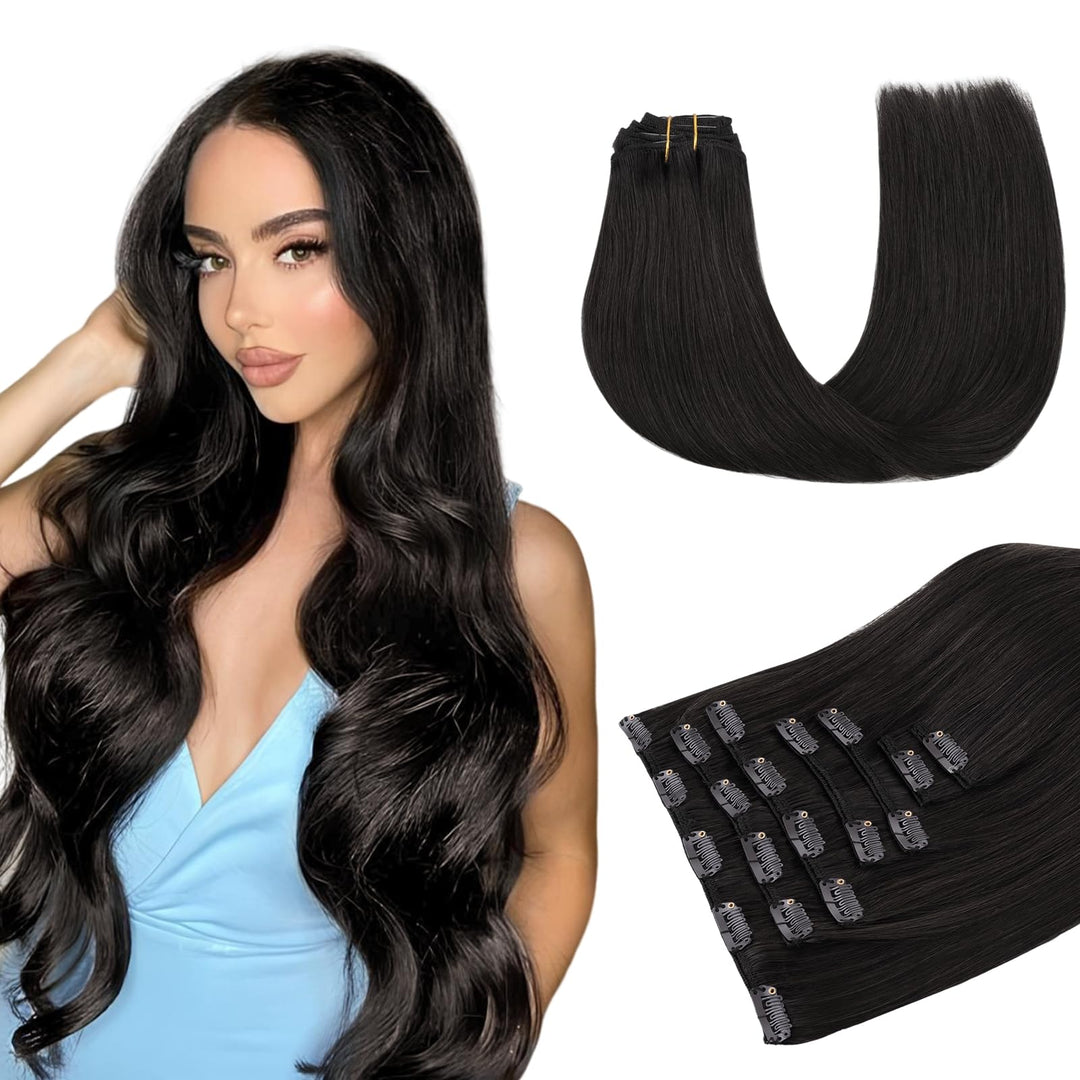 MAXITA Echthaar Extensions Clip, 40cm 16 Zoll 120g 7 Stück Naturschwarz Clip in Extensions Echthaar