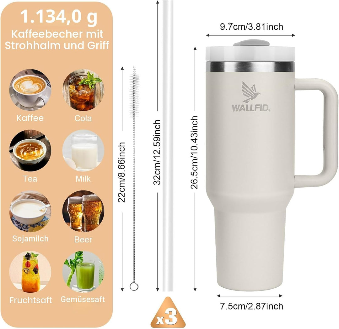 WALLFID 40oz Thermobecher aus Edelstahl, Vakuum-Isoliert mit Deckel, 3 Strohhalmen und 1 Strohhalm B