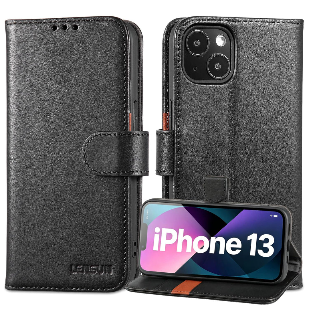 LENSUN Echtleder Hülle für iPhone 13 5G, Handyhülle [Echtes Leder][Magnetverschluss][RFID Schutz] Ha