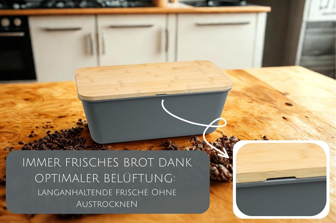MOON HOME Brotkasten - Airlock Grey, mit vielseitigem Deckel aus Bambus/Holz als Brotschneidebrett,