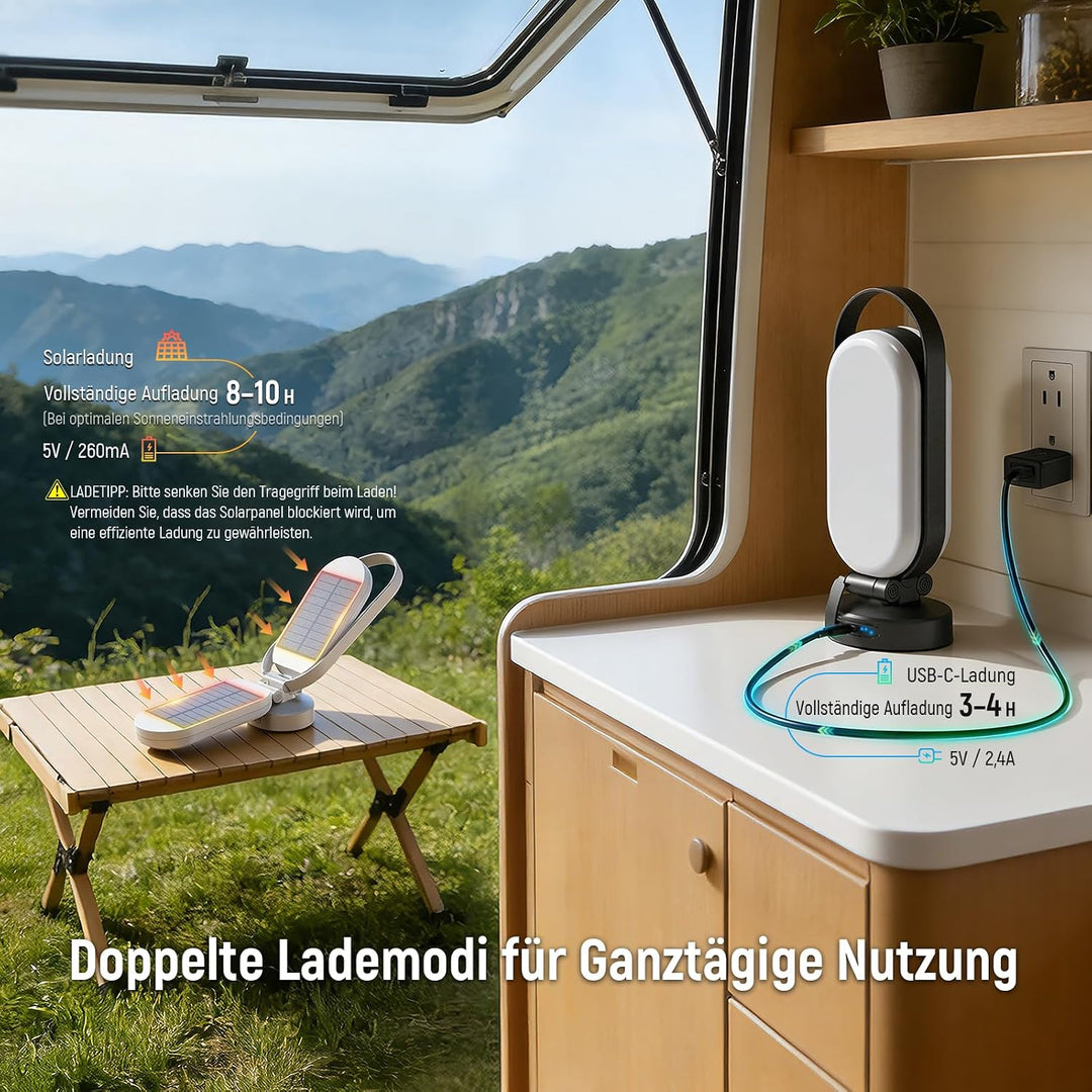 Campinglampe Solar, LED Solar Camping Laterne mit 5000mAh Notstrom Ladegerät, 4 Modi, Dimmbar Touch,