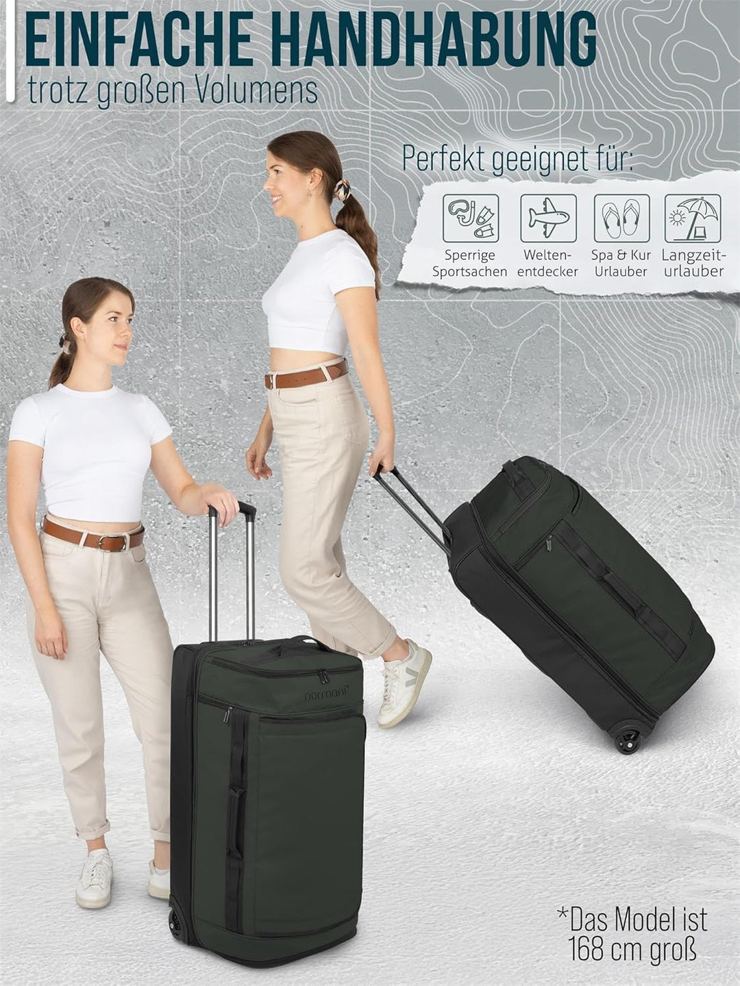 normani XXL Reisetasche 100-120 Liter 2-Rad Trolley gross Weichgepäck Travel Bag mit Rollen und 8 Fä
