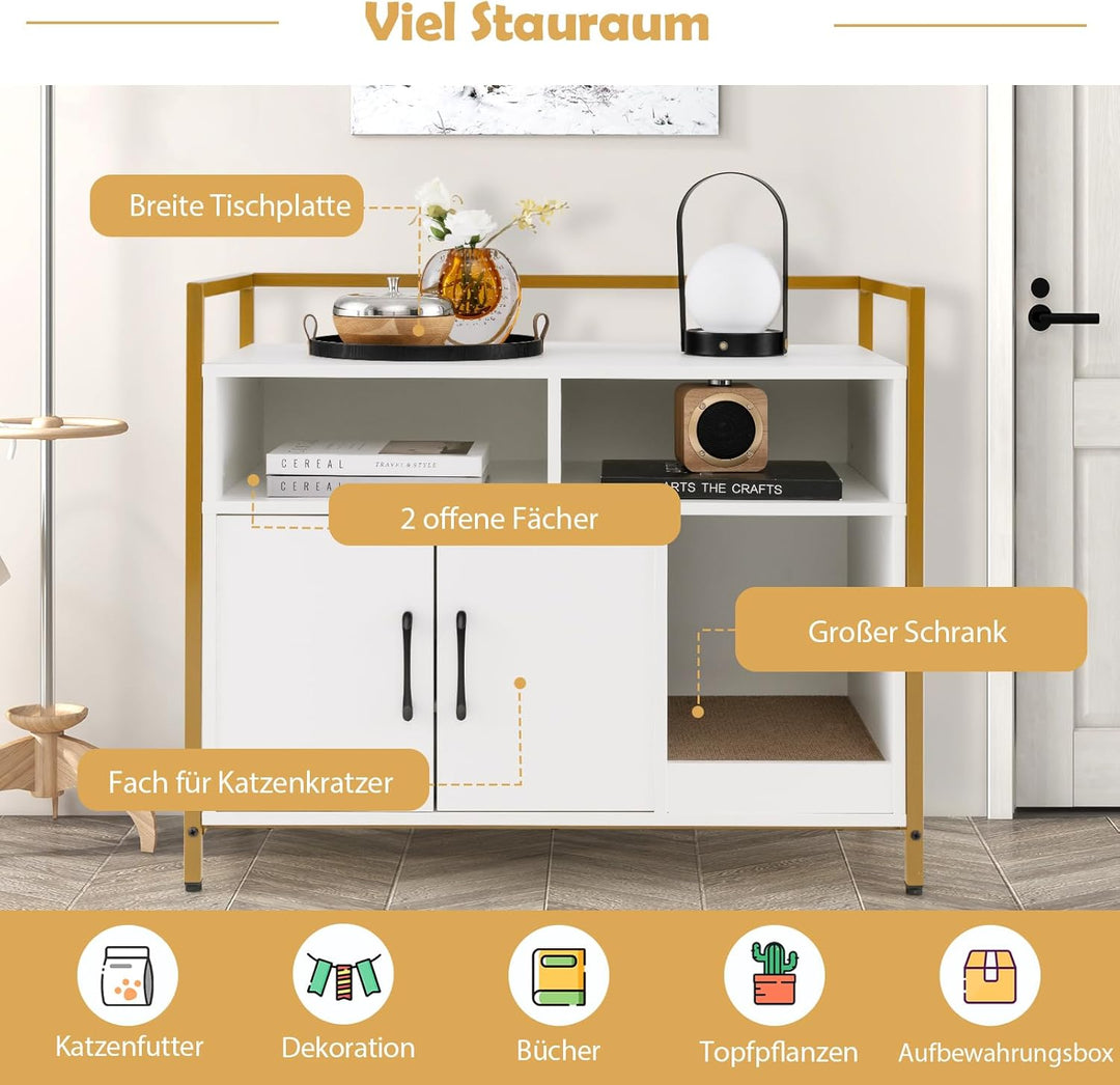 COSTWAY Katzenschrank Katzentoilette mit Doppeltüren &amp; Kratzunterlage, Katzenhaus mit offenem Regal