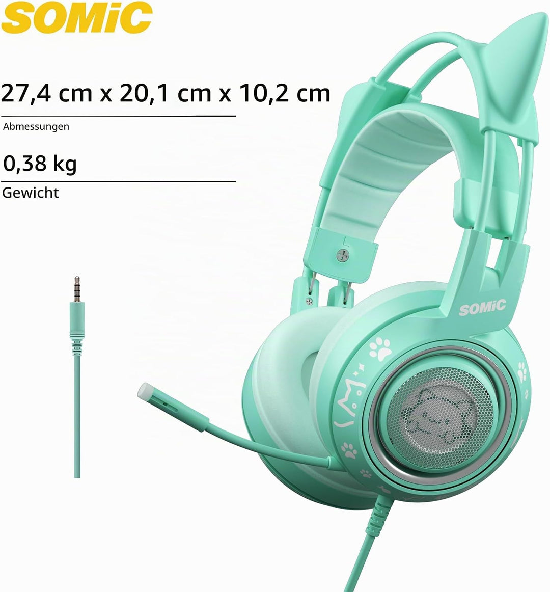 Somic G951S Green Gaming Headset mit Mikrofon für PS4, PS5, Xbox One, PC, Cat Ear Kopfhörer über Ohr