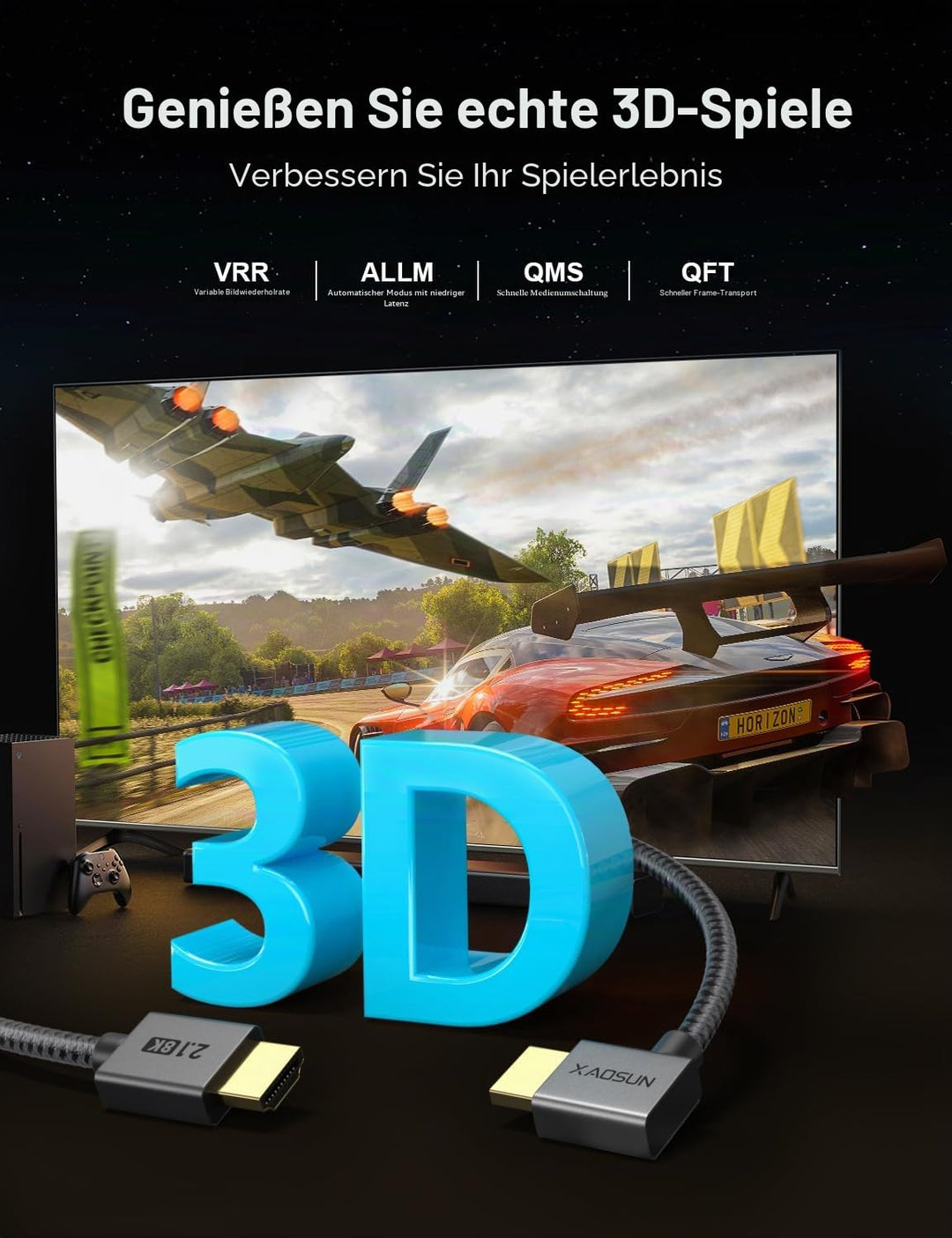 XAOSUN 8K HDMI 2.1 Kabel Winkel 2M, 48 Gbps HDMI Kabel Abgewinkelt 90 Grad, 8K@60 Hz,4K @120Hz [Dyna
