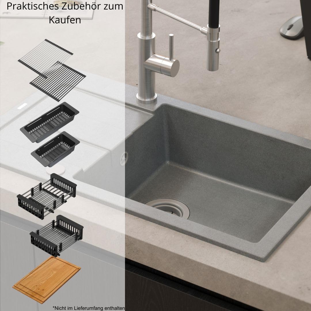 QUADRON | CHRISTIAN 136 XL | Granitspüle | 1-Kammer-Einbau | Masse: 78 x 45 x 18,5 cm | Schrankunter