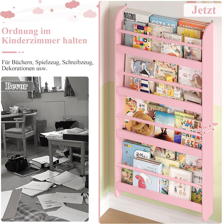 FOREHILL Bücherregal Kinder, Wandregal mit 4 Ablagen, Kinderregal für Bücher Spielzeug, Hängeregal D