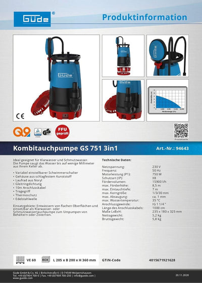 Güde 94643 KOMBITAUCHPUMPE GS 751 3IN1, Blau, Schwarz