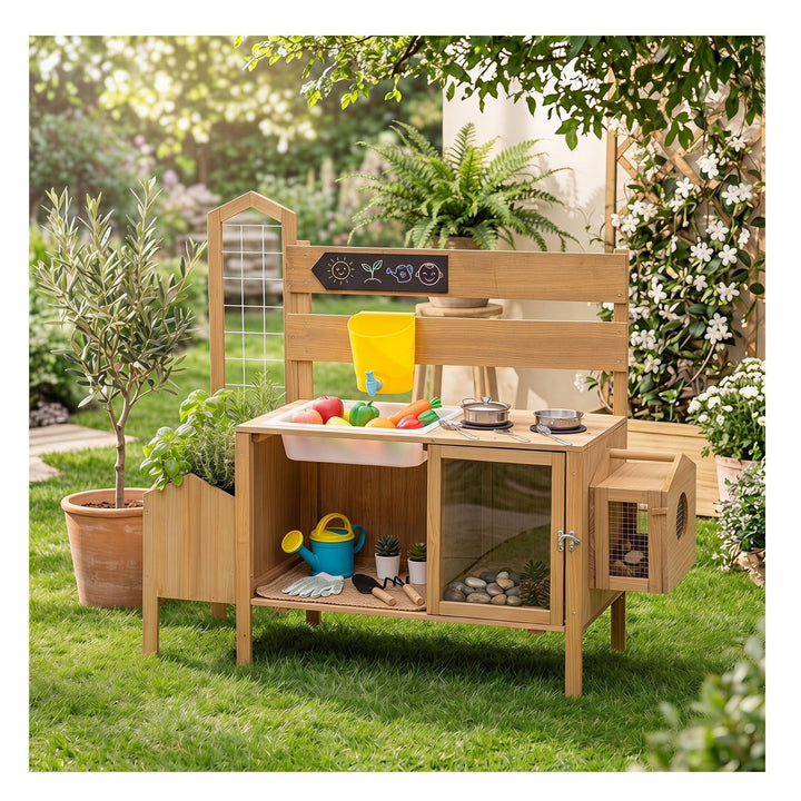 DREAMADE Matschküche Kinder Outdoor, Mud Kitchen Holz | Küche Kinder mit Rankgitter, Pflanzkasten &amp;