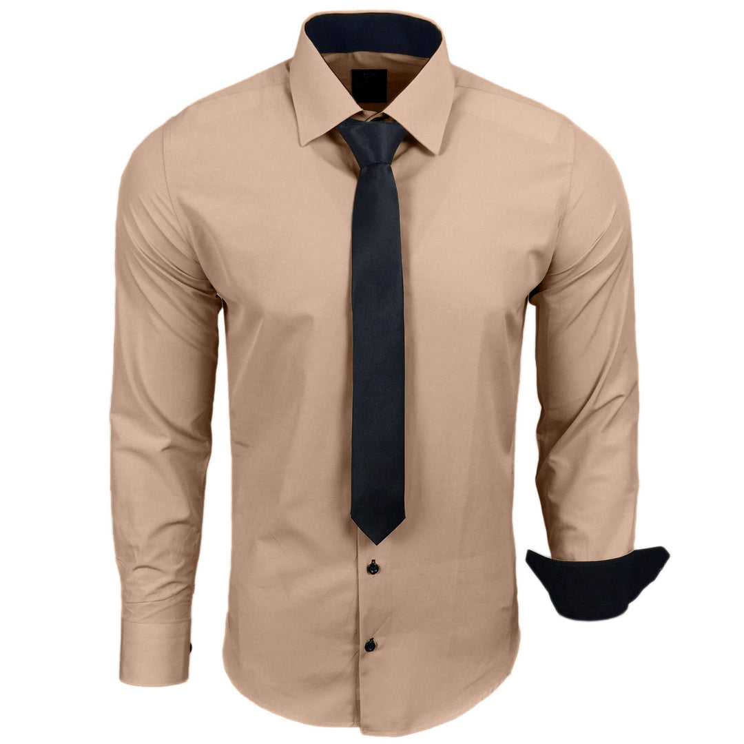 444-BK Herren Kontrast Hemd Business Hemden mit Krawatte Hochzeit Freizeit Fit S Beige, S Beige