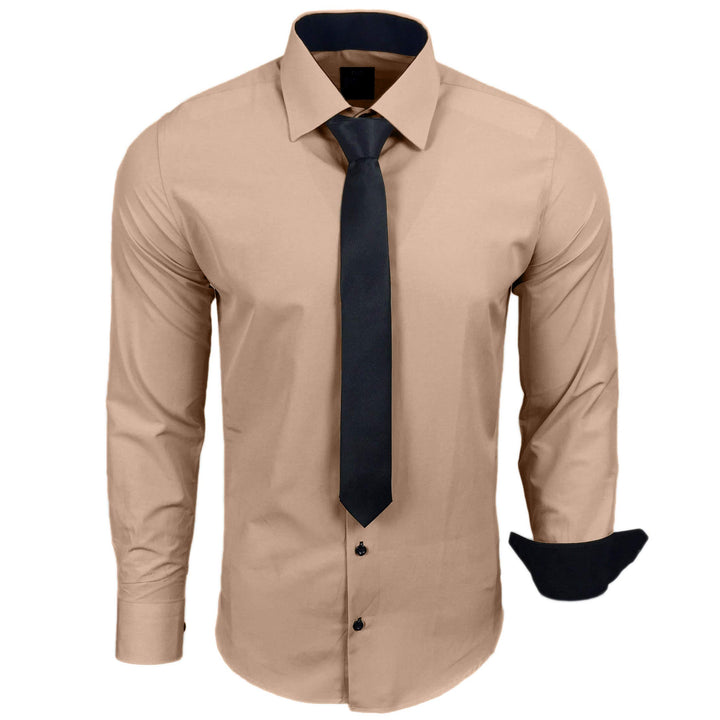 444-BK Herren Kontrast Hemd Business Hemden mit Krawatte Hochzeit Freizeit Fit S Beige, S Beige
