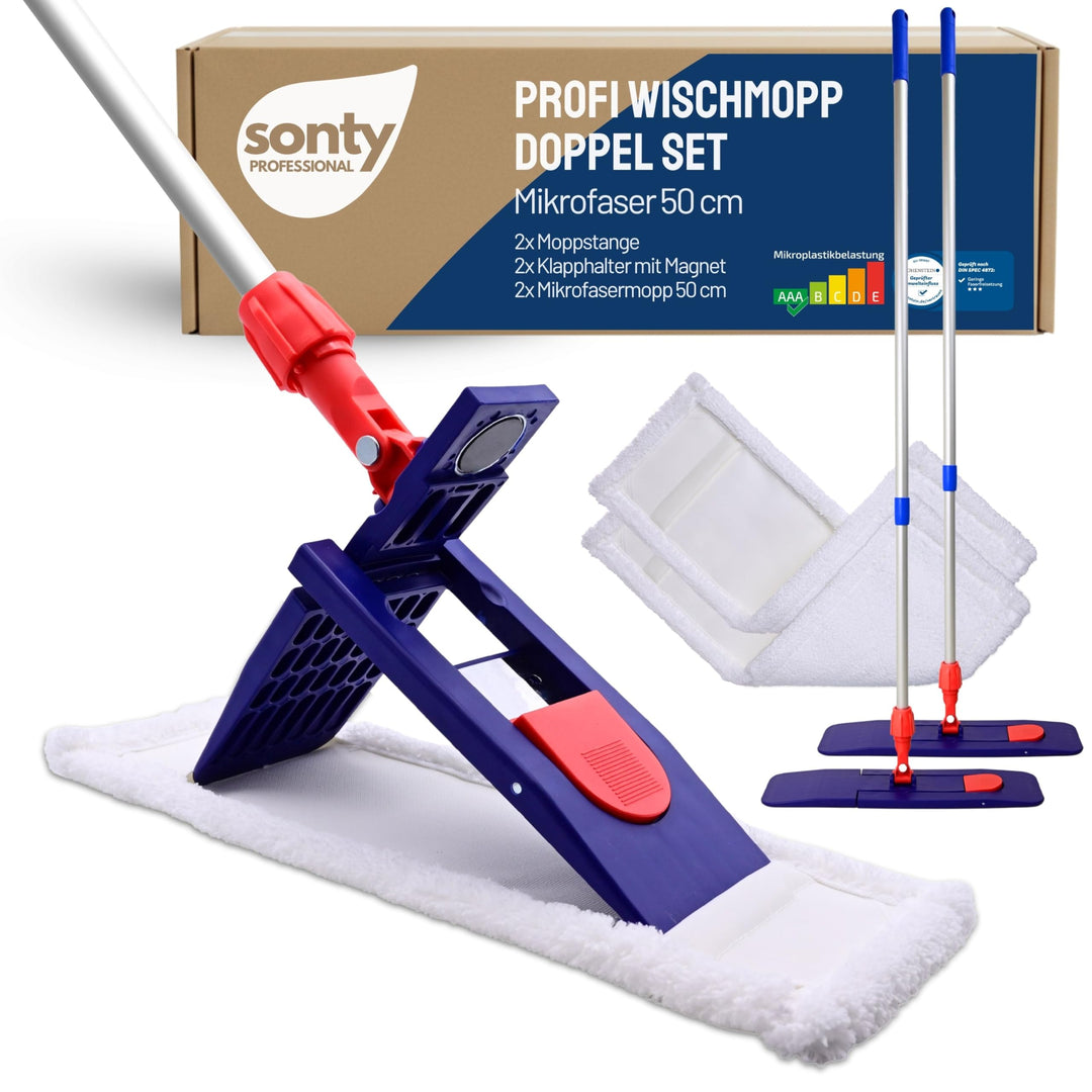 Sonty 2 Stück Wischmopp Set XL 50 cm, Klapphalter Magnet, Mopstange Alu, Microfaser Mopp (2)