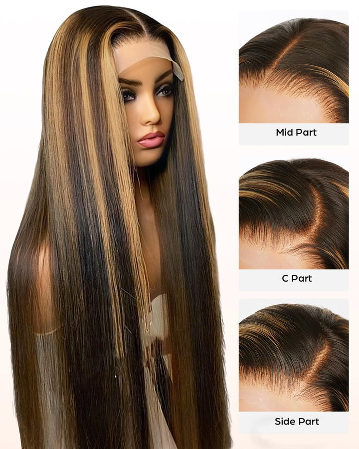 Tunfine Highlight Ombre Human Hair Straight Wig for Women 13x4 Lace Front Wig with Pre-Plucked Hairl