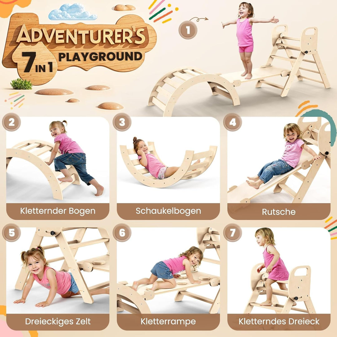 7-in-1 Montessori Klettergerüst Indoor Set, Verformbares Kletterdreieck mit Rutsche und Kletterbogen