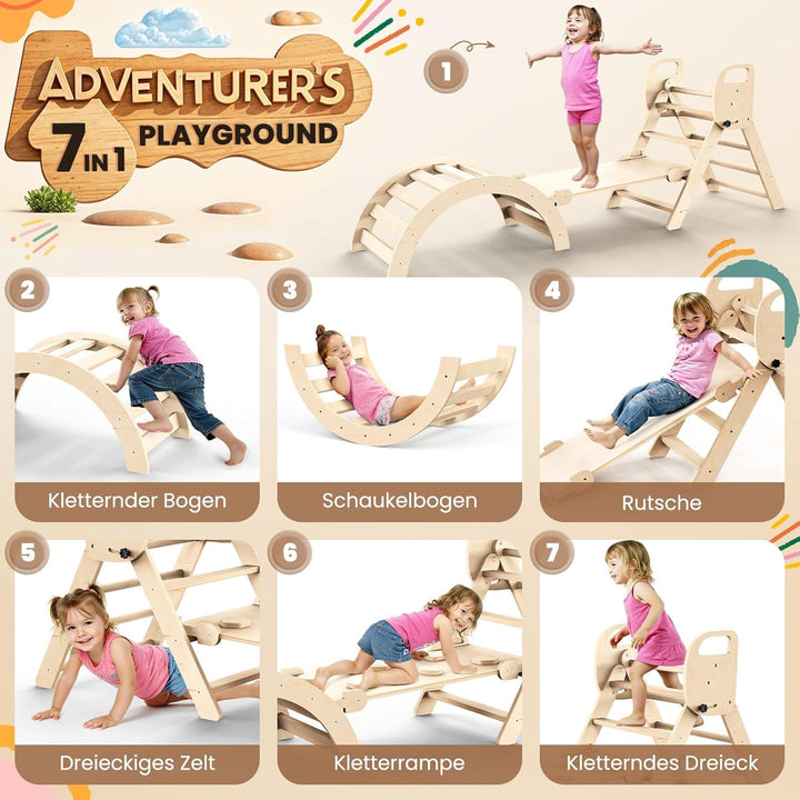 7-in-1 Montessori Klettergerüst Indoor Set, Verformbares Kletterdreieck mit Rutsche und Kletterbogen
