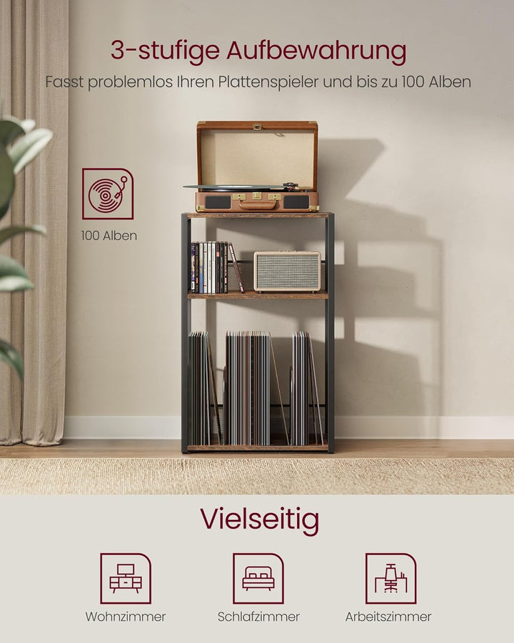 VASAGLE Plattenspieler-Ständer, 3 Etagen, Beistelltisch, Aufbewahrung von Schallplatten, bis zu 100