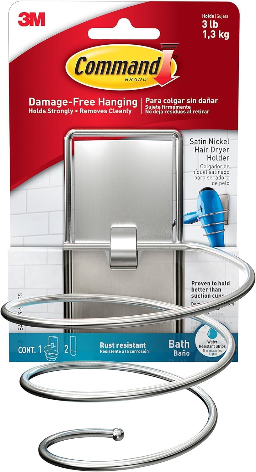 Command Haartrocknerhalter für das Bad, Satin Nickel, wasserbeständige Klebestreifen - 1 Haartrockne