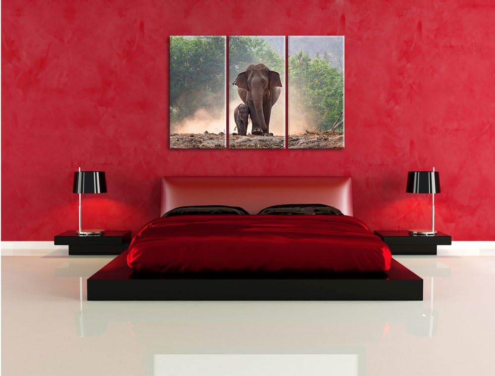 Pixxprint Elefantenbaby mit Mutter / 3-Teilig/Gesamtmass 120cm Leinwandbild bespannt auf Holzrahmen/