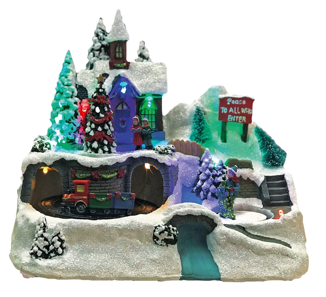 hellum LED Weihnachtsdorf mit fahrendem Zug, Bergdorfszene im Fiberoptikstil, Weihnachtsdeko innen b