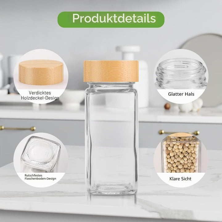 Withosent 12er Set Gewürzgläser Eckig mit Schraubkappe, 120ml Gewürzdosen mit Bambusdeckel, Gewürzst