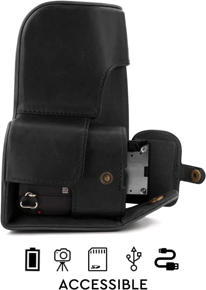 MegaGear MG1804 Ever Ready Kameratasche aus Leder, kompatibel mit Sony Alpha A6600 (18-135 mm), Schw