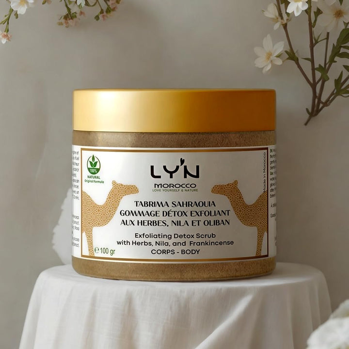 Ly'n Morocco TABRIMA SAHRAOUIA NILA und Weihrauch männlich Körpermaske Exfoliant für Knie, Ellbogen,