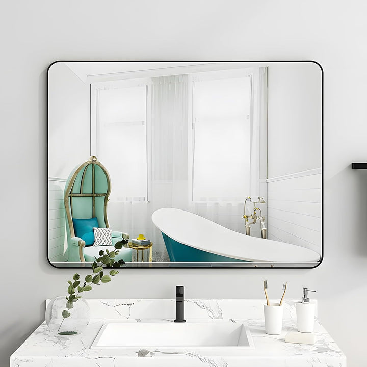 MIQU Badezimmerspiegel 80x60cm Badspiegel ohne Beleuchtung rechteckig Spiegel Schwarz Metallrahmen W