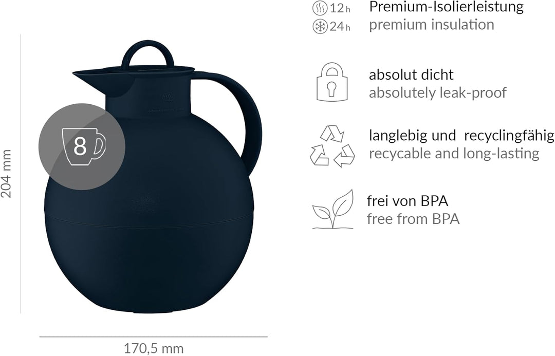 alfi KUGEL 0,94l, dark blue mat, Kunststoff-Isolierkanne mit hygienischem Hartglaseinsatz, Drehversc