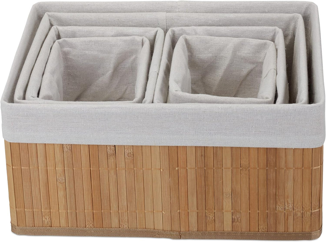 Relaxdays Aufbewahrungskorb 6er Set, mit Stoffbezug, Bambus, rechteckig, Bad, Accessoires, dekorativ