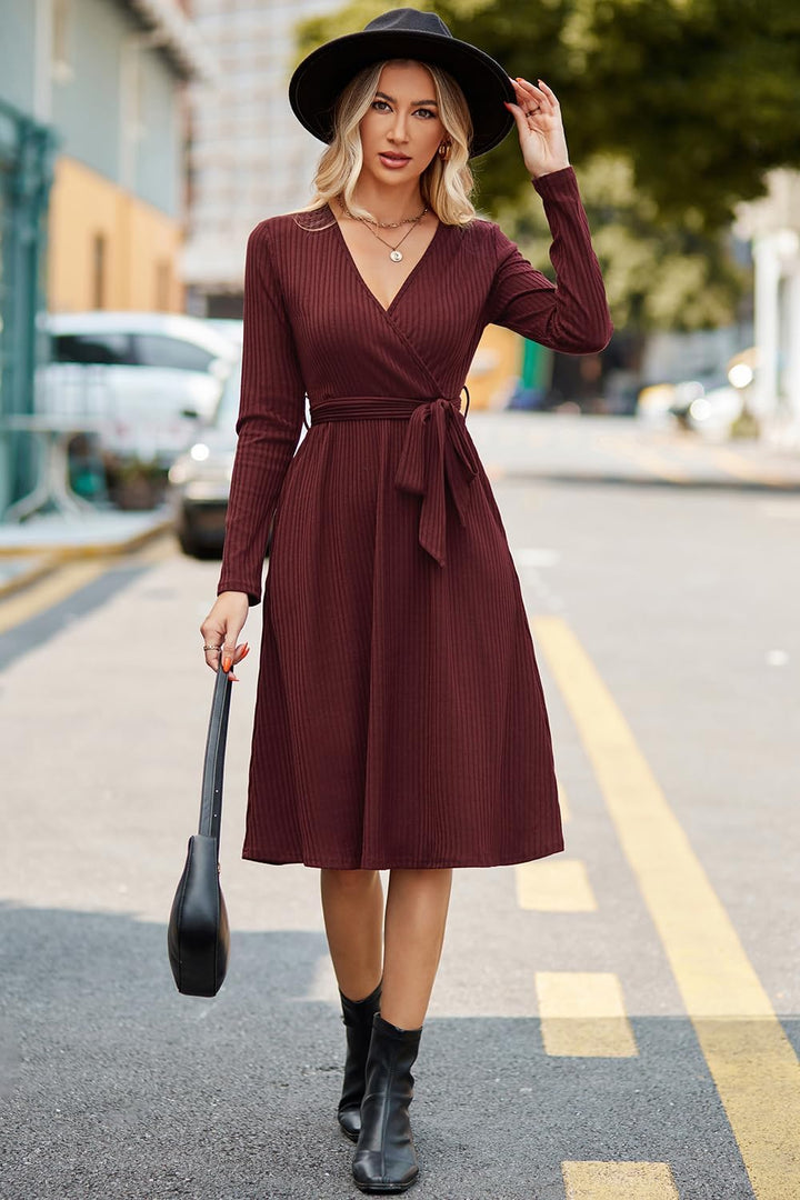 Newshows Strickkleid Damen Herbstkleid V Ausschnitt Pulloverkleid Winterkleid Kleid mit Taschen für