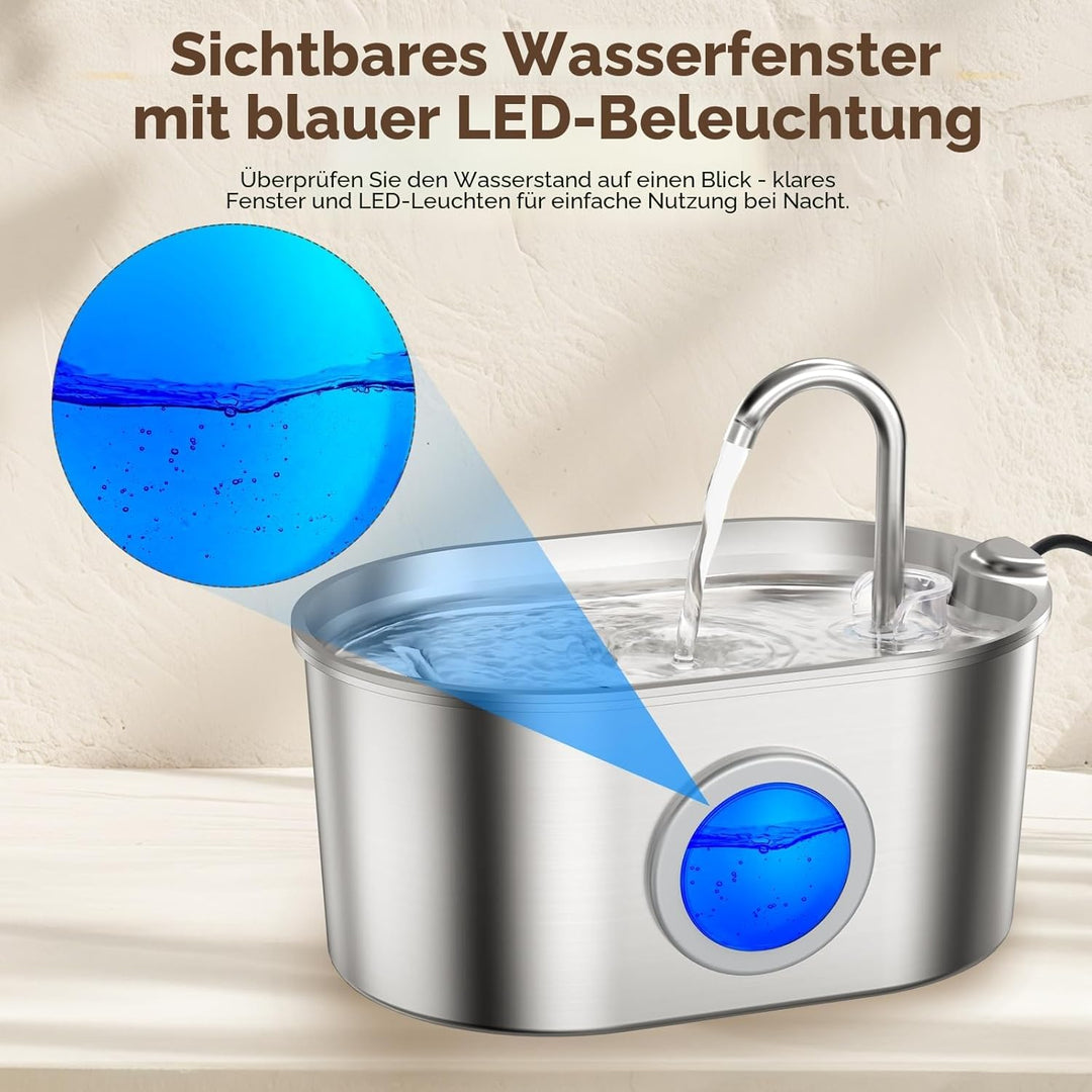 MeowFlow B30 Trinkbrunnen für Katzen, 2,2L Edelstahl-Haustierbrunnen mit sichtbarem Wasserfenster, e