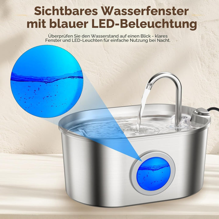 MeowFlow B30 Trinkbrunnen für Katzen, 2,2L Edelstahl-Haustierbrunnen mit sichtbarem Wasserfenster, e