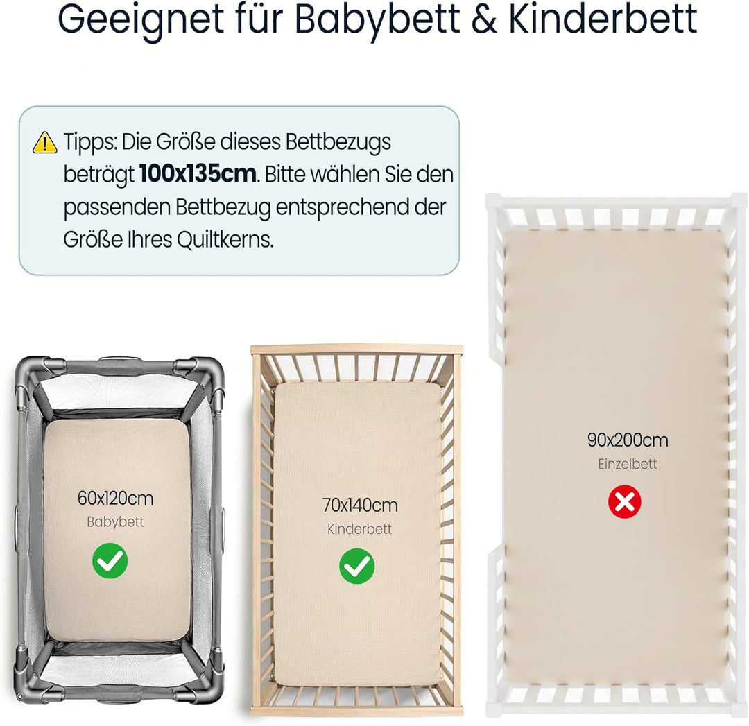 Musselin Kinderbettwäsche 100x135: Bettbezug 100x135 + Kissenbezug 40x60cm aus Baumwolle – Leicht un