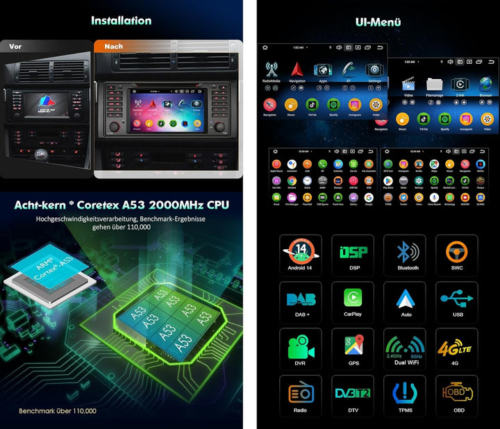erisin 8-Kern [4G+64G] Android 14 Autoradio für BMW 5er E39 M5 GPS Navi Carplay Android Auto DSP Blu