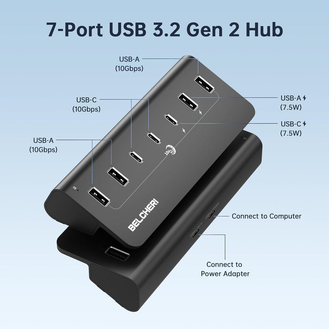 7 Port USB C Hub mit Netzteil, USB 3.2 Gen 2, 10Gbit/s Schneller Datenhub, Vollaluminium-Verlängerun