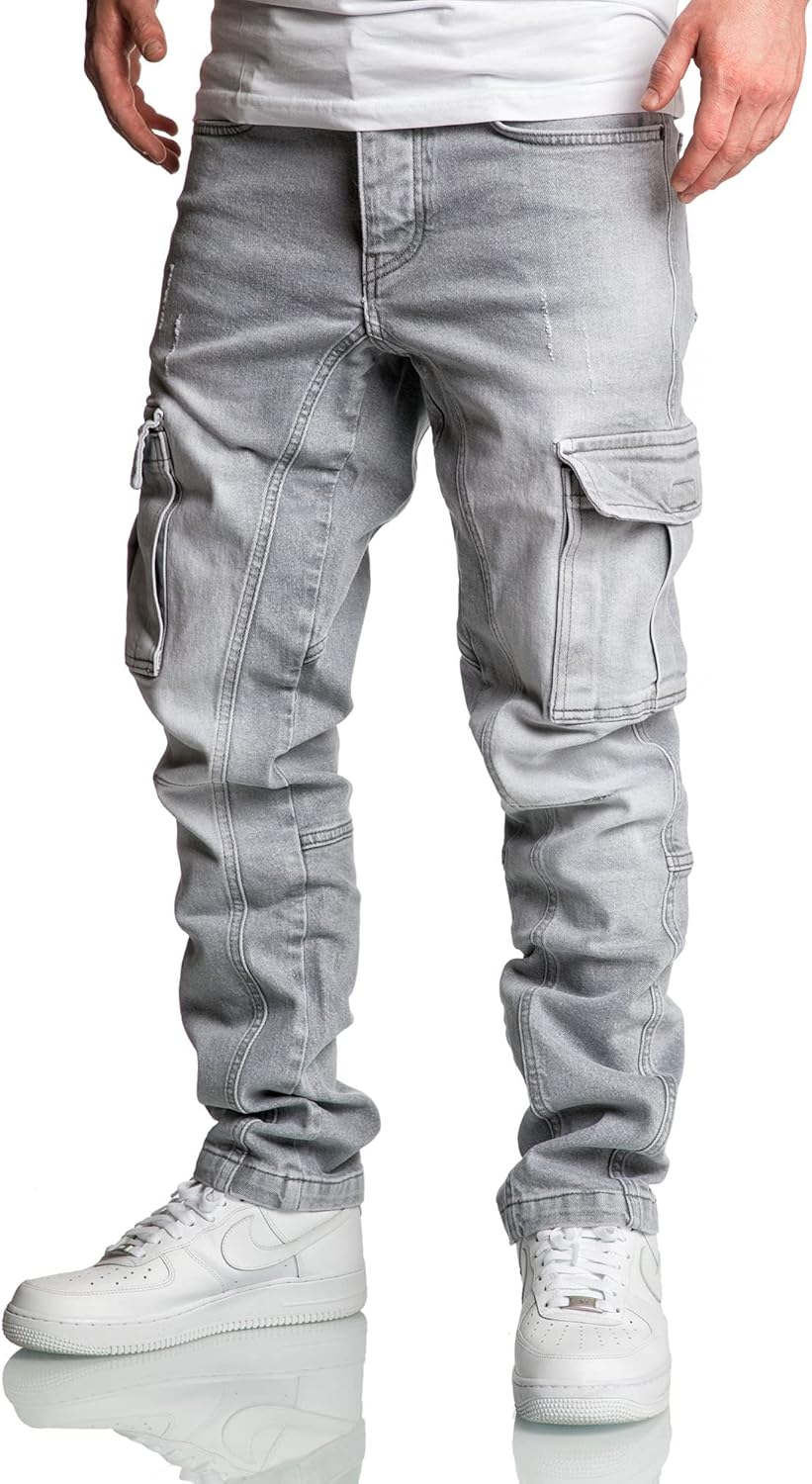 Amaci&Sons Herren Cargo Jeans Regular Slim Denim Hose Destroyed 7977 38W / 30L Hellgrau, 38W / 30L H