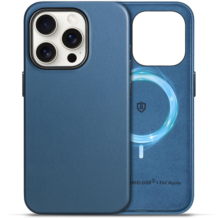 SHIELDON Hülle für iPhone 15 Pro Handyhülle Lederhülle [Erstklassig Echtleder] [Kabellos Laden] [Sta