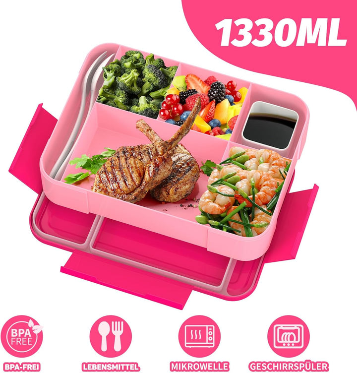 SWVIODMT Brotdose Kinder mit Fächern, 1300ml Lunchbox Kinder, Bento Box mit 5 Fächern Besteckset, Au