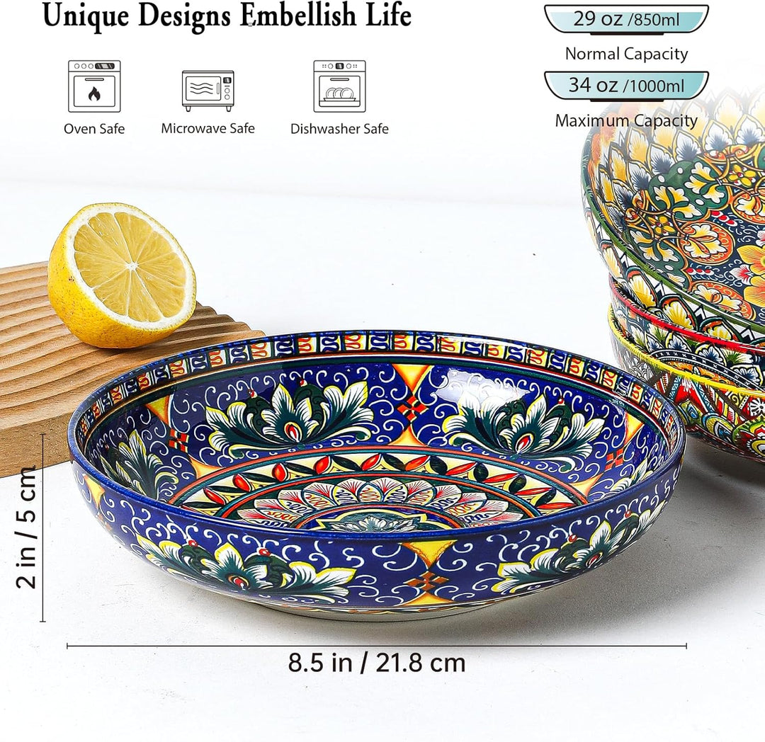 Henten Home Pastateller Set, Suppenteller/Buntes Tiefteller 4er, 1000ml Mehrzweckschalen für Suppe,